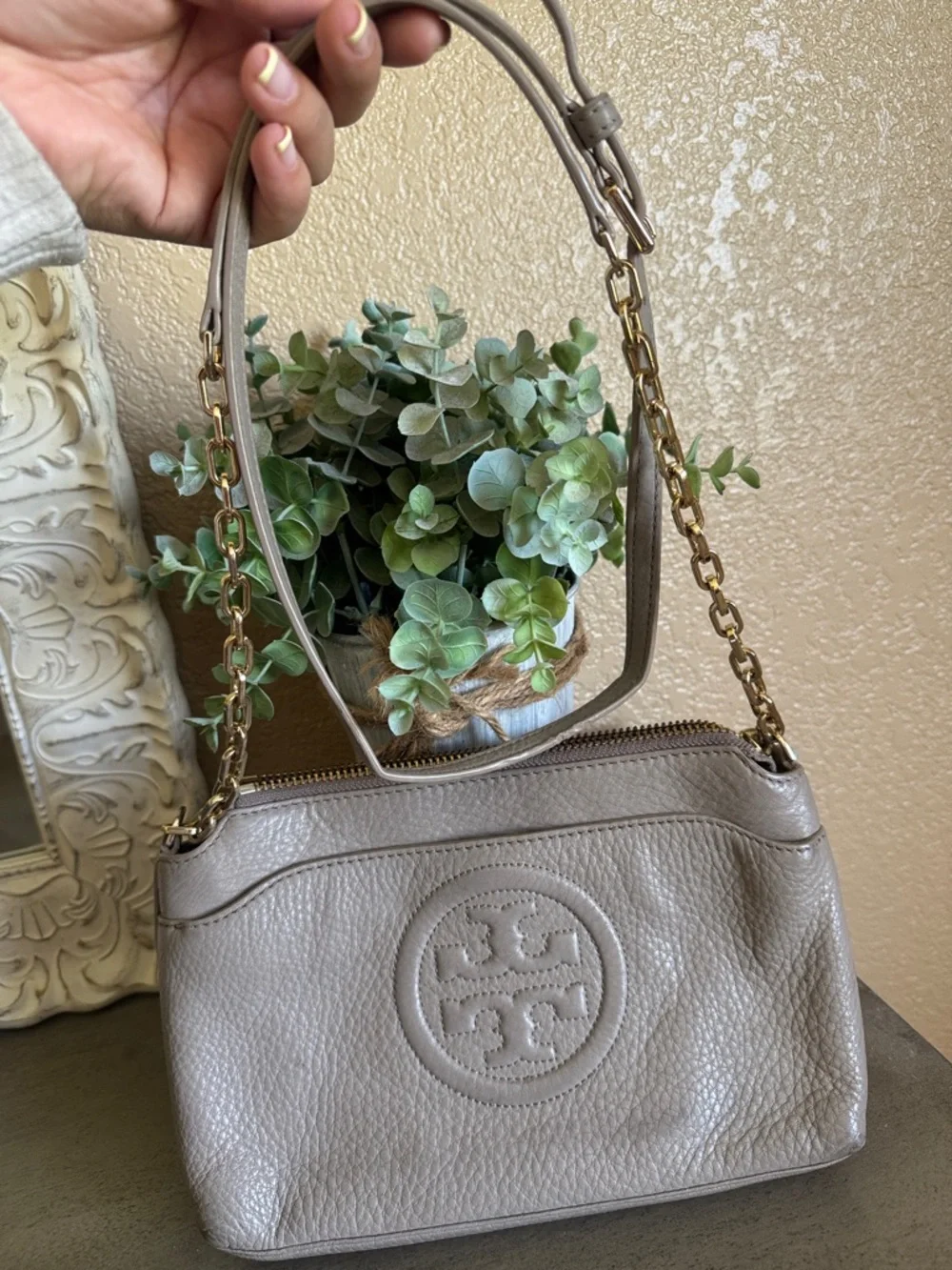 Tory Burch Taupe Pebbled Leather Crossbody - Picture 2 of 5